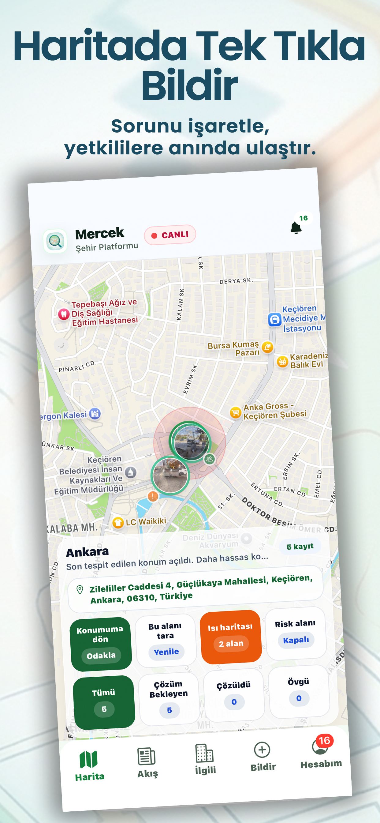 MercekApp harita ekranı ve şehir bildirimi deneyimi