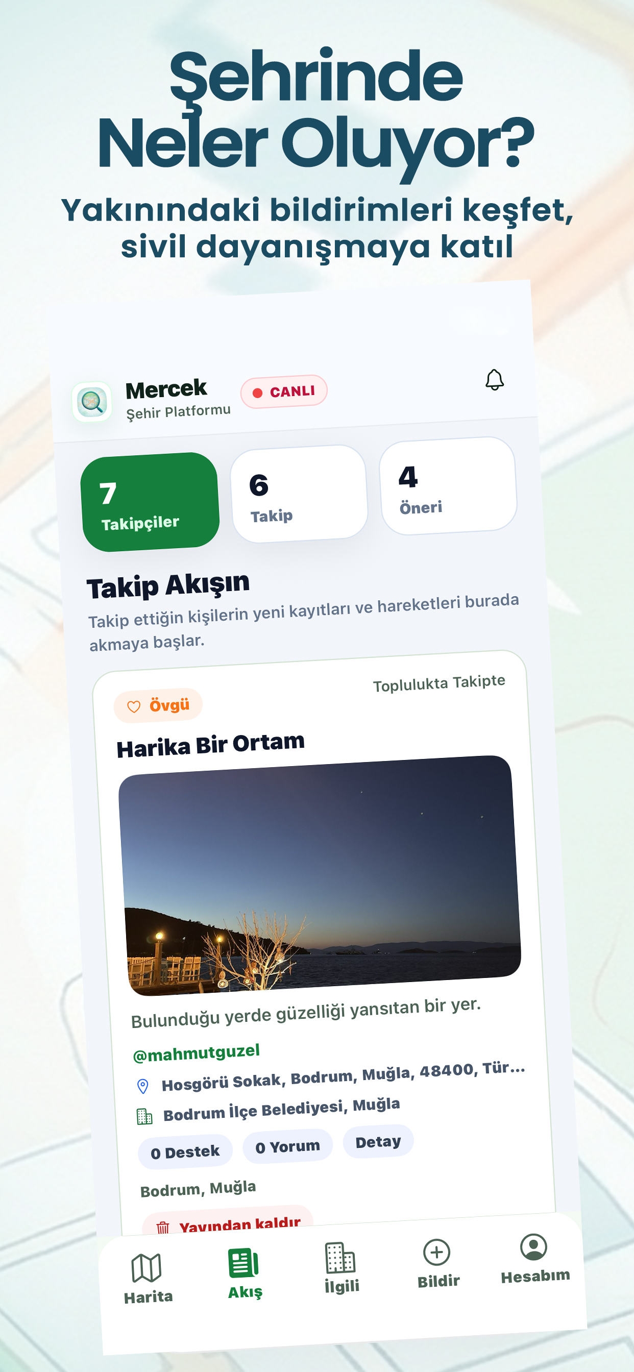 MercekApp akış ekranı ve kullanıcı kayıtları