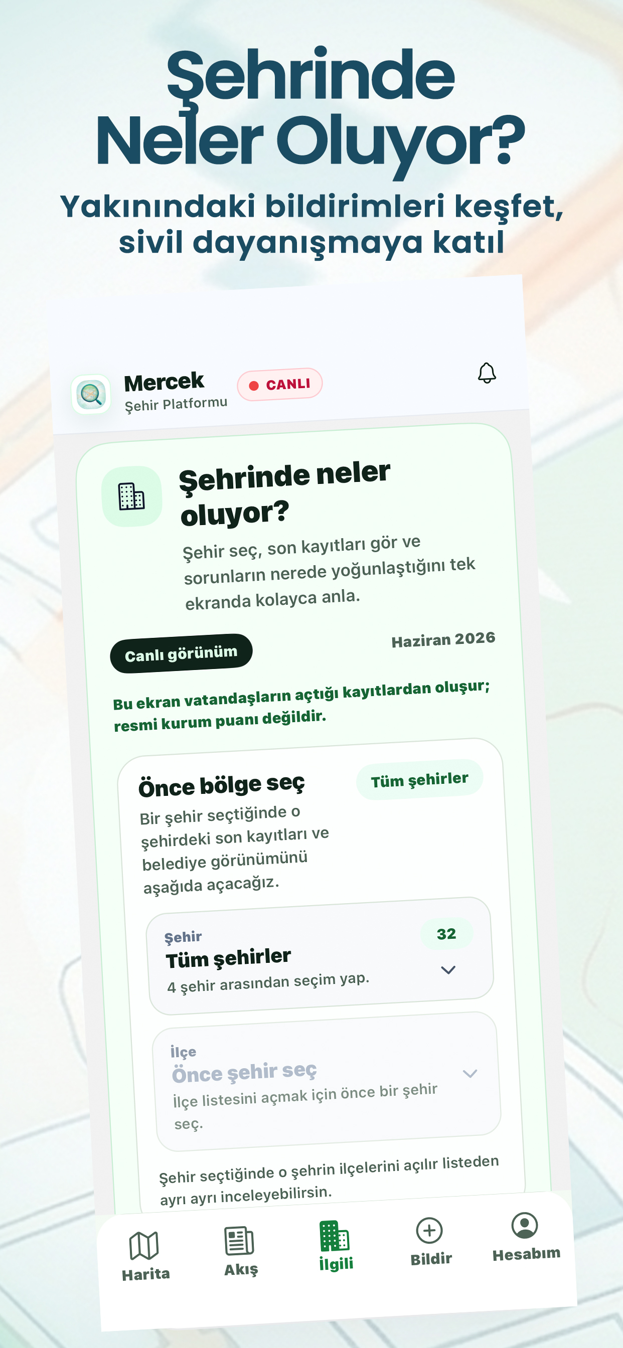 MercekApp şehir seçimi ve bölge görünümü